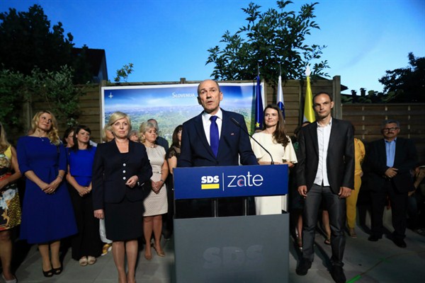 Janez Jansa, leader of the Slovenian Democratic Party, speaks at his party headquarters, Ljubljana, Slovenia, June 3, 2018 (AP photo).