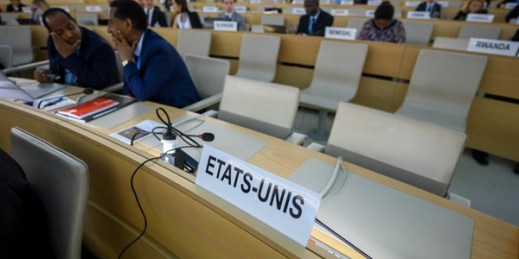 The empty U.S. seat on the U.N. Human Rights Council, one day after Washington announced its withdrawal, Geneva, Switzerland, June 20, 2018 (Keystone photo by Martial Trezzini via AP).