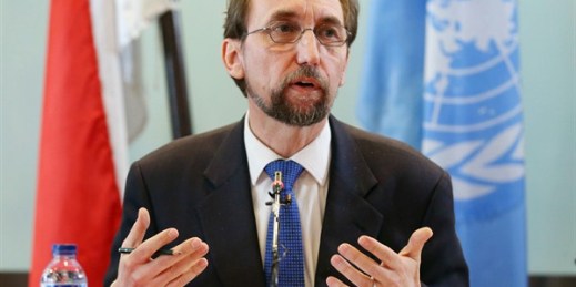 Zeid Raad al-Hussein, the outgoing U.N. high commissioner for human rights, gestures as he speaks to the media during a press conference in Jakarta, Indonesia, Feb. 7, 2018 (AP photo by Dita Alangkara).