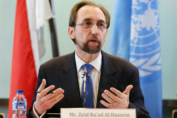 Zeid Raad al-Hussein, the outgoing U.N. high commissioner for human rights, gestures as he speaks to the media during a press conference in Jakarta, Indonesia, Feb. 7, 2018 (AP photo by Dita Alangkara).