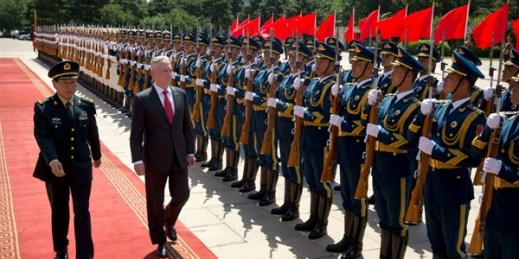 Chinese Defense Minister Wei Fenghe and U.S. Defense Secretary Jim Mattis review an honor guard during a welcome ceremony in Beijing, June 27, 2018 (AP photo by Mark Schiefelbein).