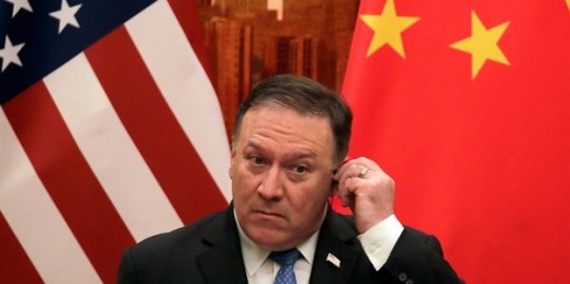 U.S. Secretary of State Mike Pompeo listens to a question from a reporter during a joint press conference with Chinese Foreign Minister Wang Yi at the Great Hall of the People, Beijing, June 14, 2018 (AP photo by Andy Wong).