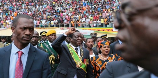 Zimbabwe’s president, Emmerson Mnangagwa, greets the crowd upon his arrival at the National Sports Stadium for celebrations marking the country’s independence anniversary, Harare, Zimbabwe, April 18, 2018 (AP photo by Tsvangirayi Mukwazhi).