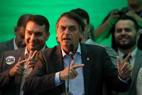 Presidential candidate Jair Bolsonaro speaks to supporters during the Social Liberal Party’s convention where he accepted the presidential nomination, Rio de Janeiro, Brazil, July 22, 2018 (AP photo by Leo Correa).