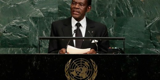 Teodoro Obiang Nguema Mbasogo, the president of Equatorial Guinea, addresses the United Nations General Assembly at U.N. headquarters, New York, Sept. 21, 2017 (AP photo by Frank Franklin II).