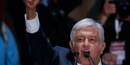 Andres Manuel Lopez Obrador, Mexico’s president-elect, delivers his victory speech in Mexico City’s main square, the Zocalo, July 1, 2018 (AP photo by Moises Castillo).