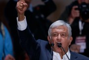 Andres Manuel Lopez Obrador, Mexico’s president-elect, delivers his victory speech in Mexico City’s main square, the Zocalo, July 1, 2018 (AP photo by Moises Castillo).