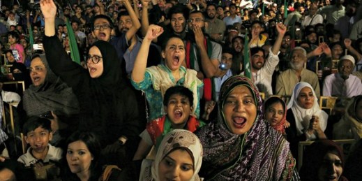 Young supporters of Imran Khan, head of the Tehreek-e-Insaf party, during a campaign rally in Karachi, Pakistan, July 3, 2018 (AP photo by Shakil Adil).