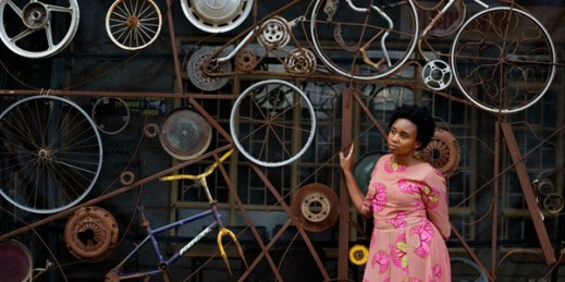 Wanuri Kahiu, the director of the film “Rafiki,” stands by an art installation in Nairobi, Kenya, April 27, 2018 (AP photo by Ben Curtis).