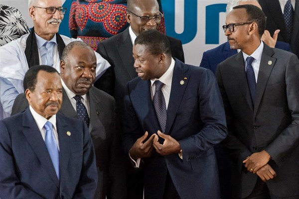 Togolese President Faure Gnassingbe, center, stands with other African leaders during a group photo at a summit in Abidjan, Ivory Coast, Nov. 29, 2017 (AP photo by Geert Vanden Wijngaert).