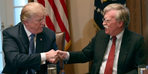 President Donald Trump and John Bolton, the national security adviser, in the Cabinet Room of the White House, Washington, April 9, 2018 (AP photo by Susan Walsh).