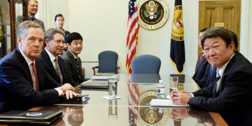 U.S. Trade Representative Robert Lighthizer and Toshimitsu Motegi, the Japanese economic revitalization minister, hold talks in Washington, Aug. 9, 2018 (Kyodo photo via AP Images).