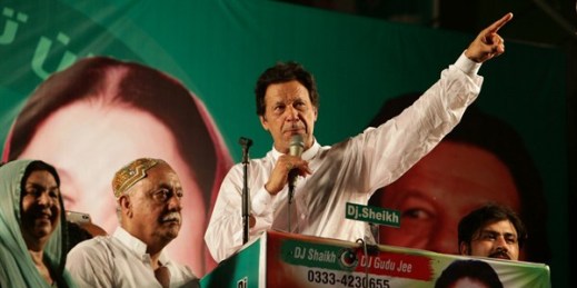 Imran Khan, the presumptive next prime minister of Pakistan, addresses his supporters during a campaign rally in Lahore, Pakistan, July 23, 2018 (AP photo by K.M. Chaudary).
