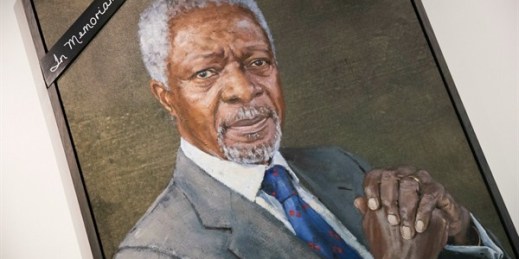 A black ribbon adorns the portrait of former United Nations Secretary-General Kofi Annan at U.N. headquarters, New York, Aug. 18, 2018 (AP photo by Mary Altaffer).