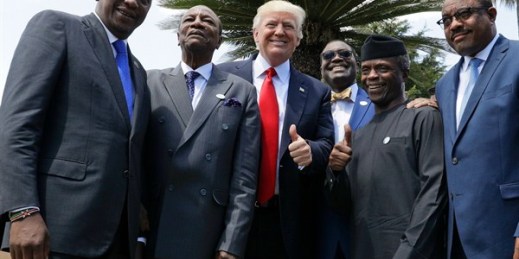 U.S. President Donald Trump poses with African leaders, including Kenyan President Uhuru Kenyatta, at the Group of Seven summit, Taormina, Italy, May 27, 2017 (AP photo by Andrew Medichini).