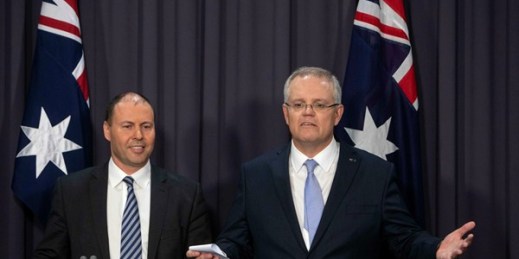 Australia’s Prime Minister Scott Morrison, right, gestures while speaking with Deputy Leader of the Liberal Party Josh Frydenberg during their first press conference at Parliament House in Canberra, Aug. 24, 2018 (AP photo by Andrew Taylor).