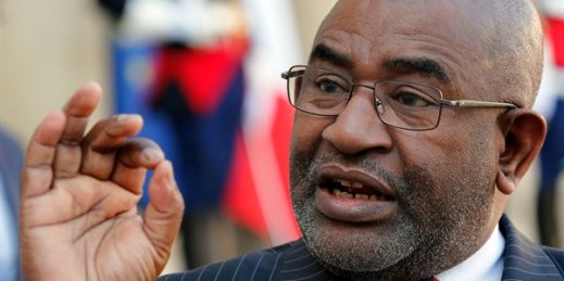 President of Comoros Azali Assoumani addresses reporters after a meeting with former French president Francois Hollande at the Elysee Palace in Paris, France, Oct. 4, 2016 (AP photo by Christophe Ena).