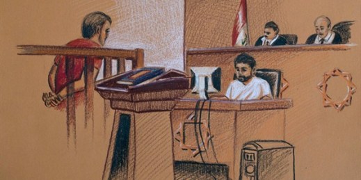 This courtroom sketch shows Iraq’s counterterrorism court where suspected Islamic State militants are tried, in Baghdad, Iraq, May 24, 2018 (AP photo by Saif Jawadi).