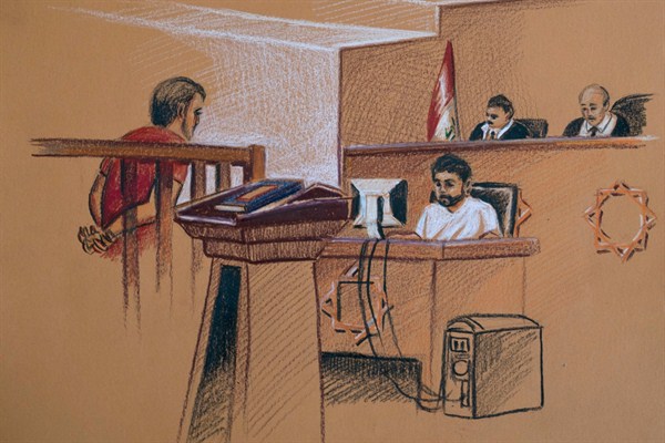 This courtroom sketch shows Iraq’s counterterrorism court where suspected Islamic State militants are tried, in Baghdad, Iraq, May 24, 2018 (AP photo by Saif Jawadi).