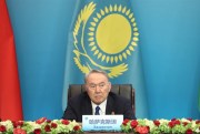 Kazakh President Nursultan Nazarbayev attends a joint press conference during the Shanghai Cooperation Organization summit in Qingdao city, east China’s Shandong province, June 10, 2018 (Photo by Ge Jin for Imaginechina via AP Images).