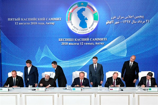 The leaders of Azerbaijan, Iran, Kazakhstan, Russia and Turkmenistan during the signing ceremony for the Convention on the Legal Status of the Caspian Sea, Aktau, Kazakhstan, Aug. 12, 2018 (Photo by Aleksey Nikolskyi for Sputnik via AP Images).