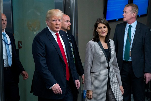 President Donald Trump arrives with Nikki Haley, the U.S. ambassador to the U.N., during the 73rd session of the United Nations General Assembly, at U.N. headquarters, Sept. 25, 2018 (AP photo by Craig Ruttle).