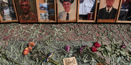 A memorial is set up to mark the second anniversary of fighting in Ilovaysk between Ukrainian soldiers and pro-Ukraine paramilitaries and pro-Russia insurgents, Kiev, Ukraine, Aug. 29, 2016 (Sipa photo via AP).