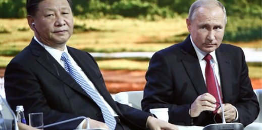 Russian President Vladimir Putin and Chinese President Xi Jinping at the Eastern Economic Forum in Vladivostok, Russia, Sept. 12, 2018 (Pool photo by Valery Sharifulin/TASS News Agency via AP).