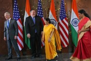 U.S. Defense Secretary James Mattis, U.S. Secretary of State Mike Pompeo, Indian Foreign Minister Sushma Swaraj and Indian Defense Minister Nirmala Sitharaman head to a meeting, New Delhi, India, Sept. 6, 2018 (AP photo by Manish Swarup).