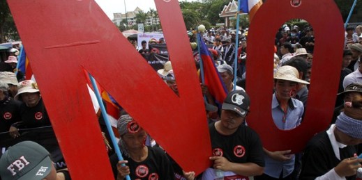 Protesters against the law on associations and non-governmental organizations march towards the National Assembly, Phnom Penh, Cambodia, July 13, 2015 (AP photo by Heng Sinith).