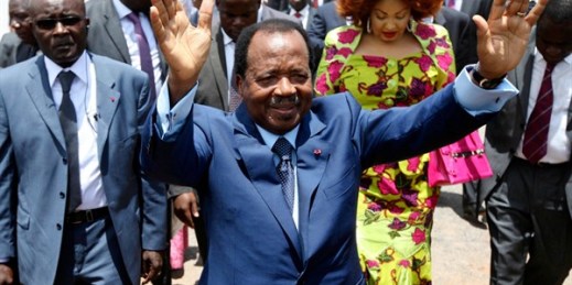 Cameroonian President Paul Biya waves after casting his vote during the last presidential election, Yaounde, Cameroon, Oct. 9, 2011 (AP photo by Sunday Alamba).