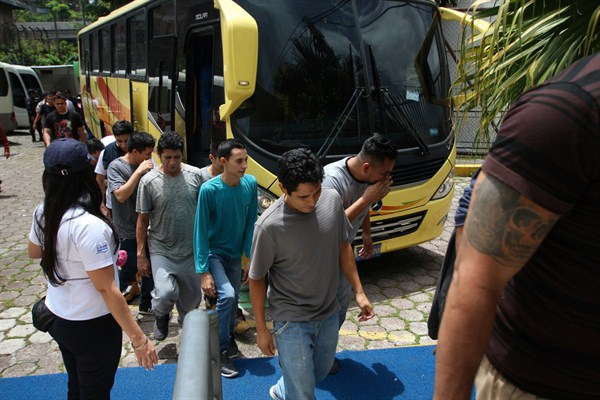 Salvadoran deportees arrive at La Chacra Immigration Center in San Salvador, El Salvador, June 28, 2018 (AP photo by Salvador Melendez).