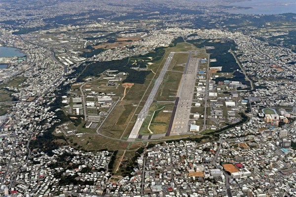 The U.S. Marine Corps Air Station Futenma located in a crowded residential area of Ginowan, in Okinawa (Kyodo photo via AP Images).