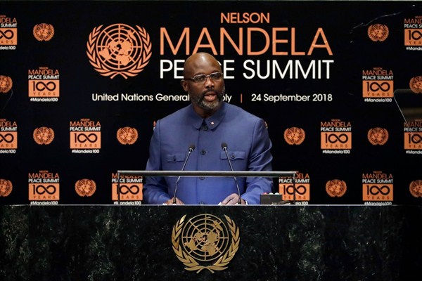 Liberia’s President George Weah addresses the Nelson Mandela Peace Summit in the United Nations General Assembly, at U.N. headquarters, Sept. 24, 2018 (AP photo by Richard Drew).