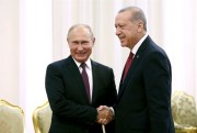 Russian President Vladimir Putin and Turkish President Recep Tayyip Erdogan shake hands during a meeting to discuss the Syrian conflict, Tehran, Iran, Sept. 7, 2018 (AP photo by Ebrahim Noroozi).