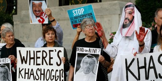 A protest at the Saudi Embassy over the disappearance of journalist Jamal Khashoggi, Oct. 10, 2018, Washington (AP photo by Jacquelyn Martin).