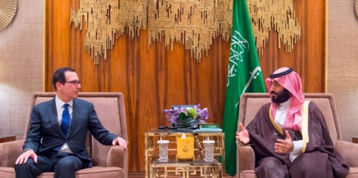 Saudi Crown Prince Mohammed bin Salman and U.S. Secretary of the Treasury Steven Mnuchin in Riyadh, Saudi Arabia, Oct. 22, 2018 (Saudi Press Agency photo via AP Images).