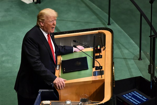 U.S. President Donald Trump addresses the 73rd United Nations General Assembly, New York, Sept. 25, 2018 (Photo by Anthony Behar for Sipa USA via AP).