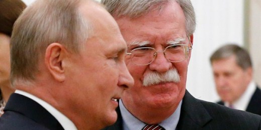 Russian President Vladimir Putin, left, and U.S. National Security Adviser John Bolton during their meeting in the Kremlin, Moscow, Russia, Oct. 23, 2018 (AP photo by Alexander Zemlianichenko).