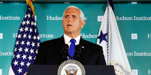 Vice President Mike Pence speaks at the Hudson Institute in Washington, Oct. 4, 2018 (AP photo by Jacquelyn Martin).