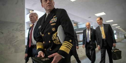 John Brennan, Adm. Michael Rogers and James Clapper arrive to meet with the Senate Intelligence Committee as part of the probe of Russian meddling in the 2016 campaign, Washington, May 16, 2018 (AP photo by J. Scott Applewhite).