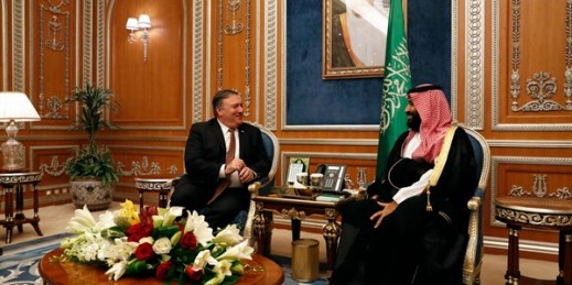U.S. Secretary of State Mike Pompeo and Saudi Crown Prince Mohammed bin Salman in Riyadh, Saudi Arabia, Oct. 16, 2018 (AP photo by Leah Mills).