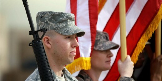 U.S. Army soldiers during a ceremony marking the end of the U.S. military mission in Baghdad, Iraq, Dec. 15, 2011 (AP photo by Khalid Mohammed).