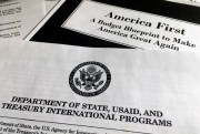 A portion of President Donald Trump’s first proposed budget, focusing on the Department of State, USAID and Treasury International Programs, Washington, March 15, 2017 (AP photo by Jon Elswick).