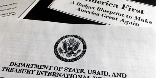 A portion of President Donald Trump’s first proposed budget, focusing on the Department of State, USAID and Treasury International Programs, Washington, March 15, 2017 (AP photo by Jon Elswick).