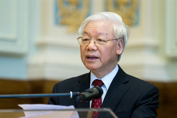 Communist Party General Secretary and Vietnamese President Nguyen Phu Trong delivers a speech at the National University of Public Service in Budapest, Hungary, Sept. 11, 2018 (AP photo by Balazs Mohai).
