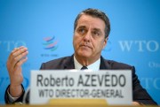 Roberto Azevedo, the director general of the World Trade Organization, during a press briefing about the WTO’s World Trade Report, Geneva, Switzerland, April 12, 2018 (Keystone photo by Martial Trezzini via AP).