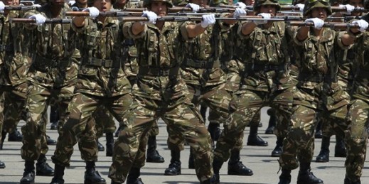Algerian soldiers march during a military parade at the Cherchell “Houari Boumediene” in Algiers, July 1, 2018 (AP photo by Anis Belghoul).