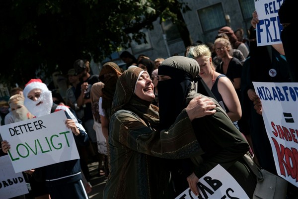 Thousands of people protest against the Danish government’s ban on the burqa and niqab, Aarhus, Denmark, Aug. 1, 2018 (Photo by Aleksander Klug for Sipa USA via AP Images).