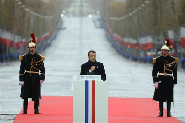 French President Emmanuel Macron delivers a speech during a ceremony at the Arc de Triomphe in Paris as part of the commemoration of the 100th anniversary of the end of World War I, Nov. 11, 2018 (AP photo by Ludovic Marin).